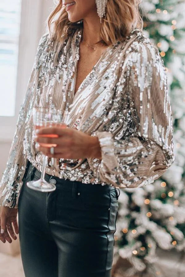 Christmas Sale Striking Sequined V Neck Sexy Blouse