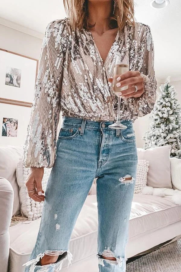 Christmas Sale Striking Sequined V Neck Sexy Blouse