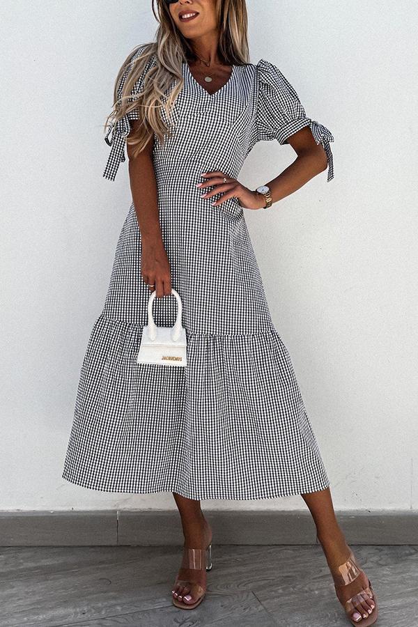 Plaid Cuff Bow Maxi Dress