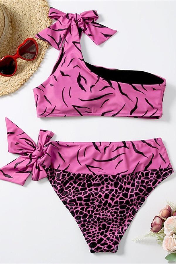 One Shoulder Leopard Print Two-piece Swimsuit