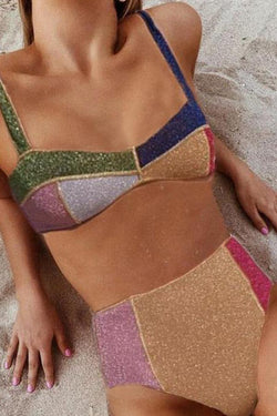 Stylish Playful Colorful Contrast Patchwork Gold Wire Split Bikini