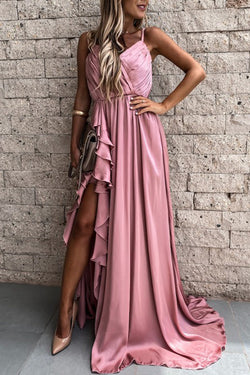 Solid Color V-neck Split Maxi Dress