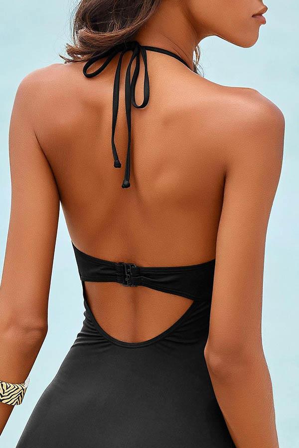 Halter Neck Hollow Out Solid Color One-piece Swimwear