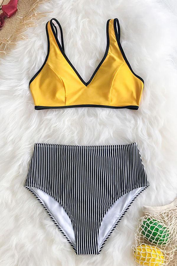 V-Neck High Waist Stripe Print Swimsuit