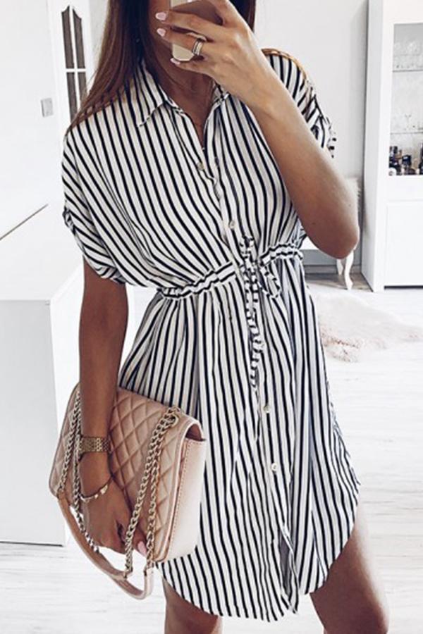 Striped Drawstring Lace-Up Dress