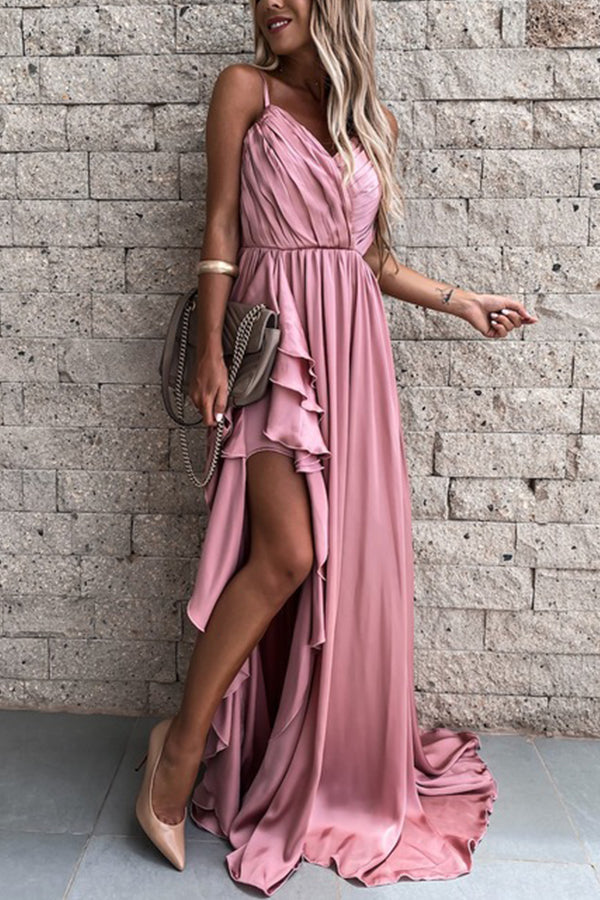 Solid Color V-neck Split Maxi Dress