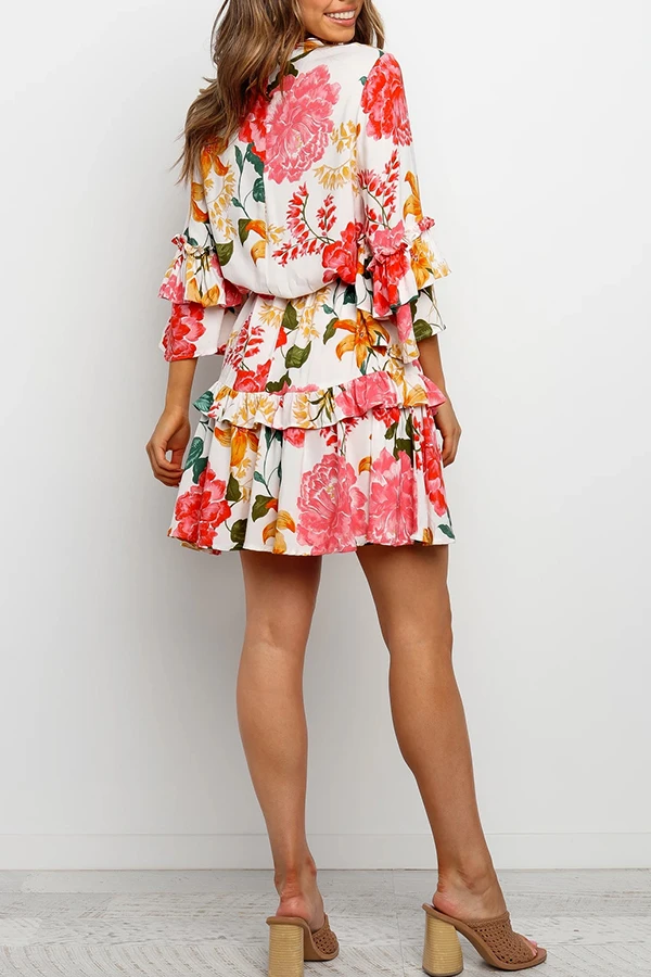 Floral Print Round Collar Pleated Dress