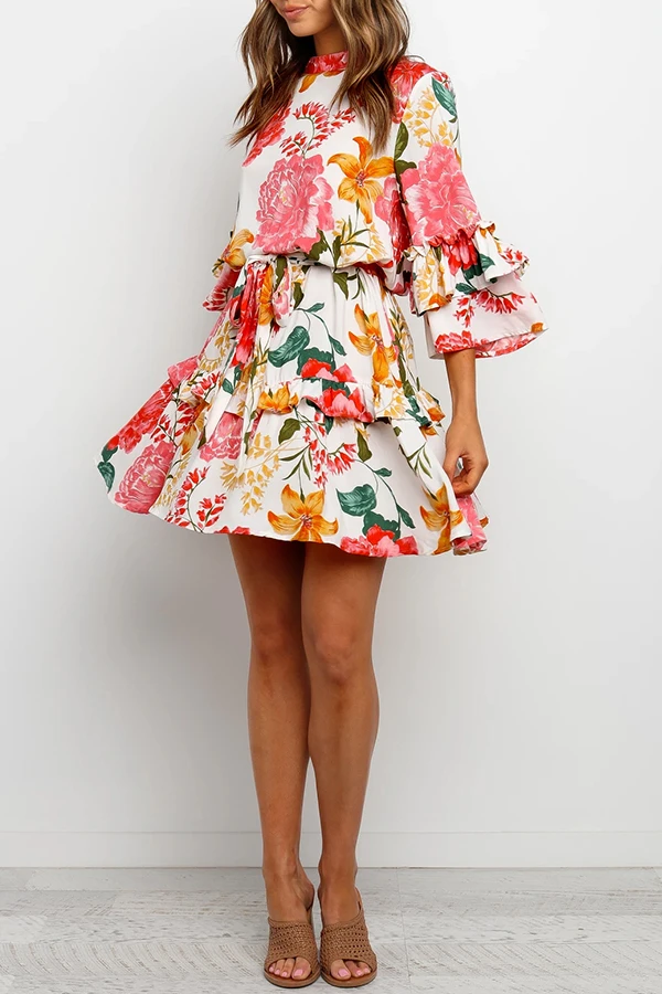 Floral Print Round Collar Pleated Dress