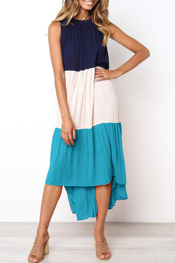 Color-lump Patchwork Sleeveless Midi Dress