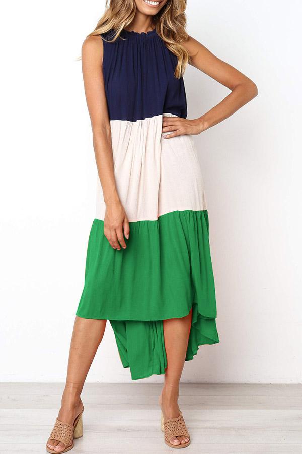 Color-lump Patchwork Sleeveless Midi Dress