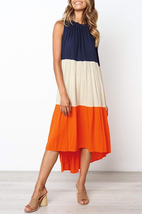 Color-lump Patchwork Sleeveless Midi Dress