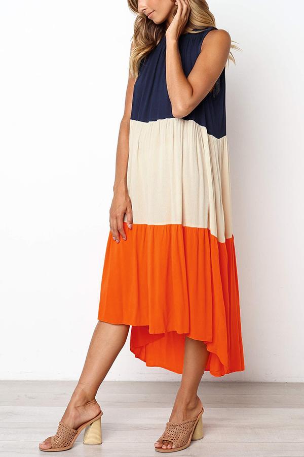 Color-lump Patchwork Sleeveless Midi Dress