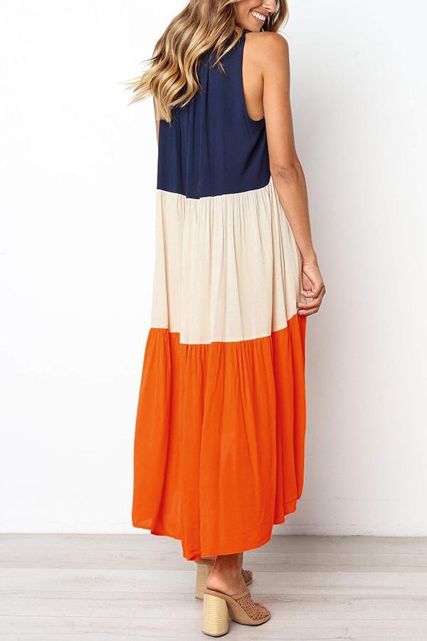 Color-lump Patchwork Sleeveless Midi Dress