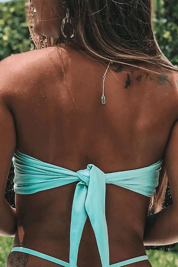 Solid Color Lace-Up Bandeau Swimsuit