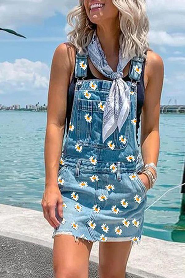 Daisy Printed Denim Suspender Dress