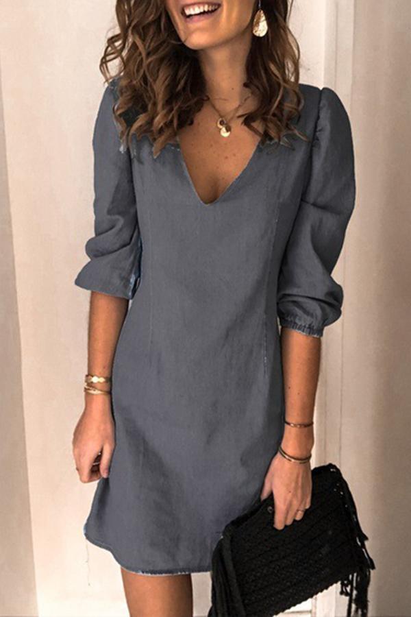 V-neck Half Sleeve Denim Dress