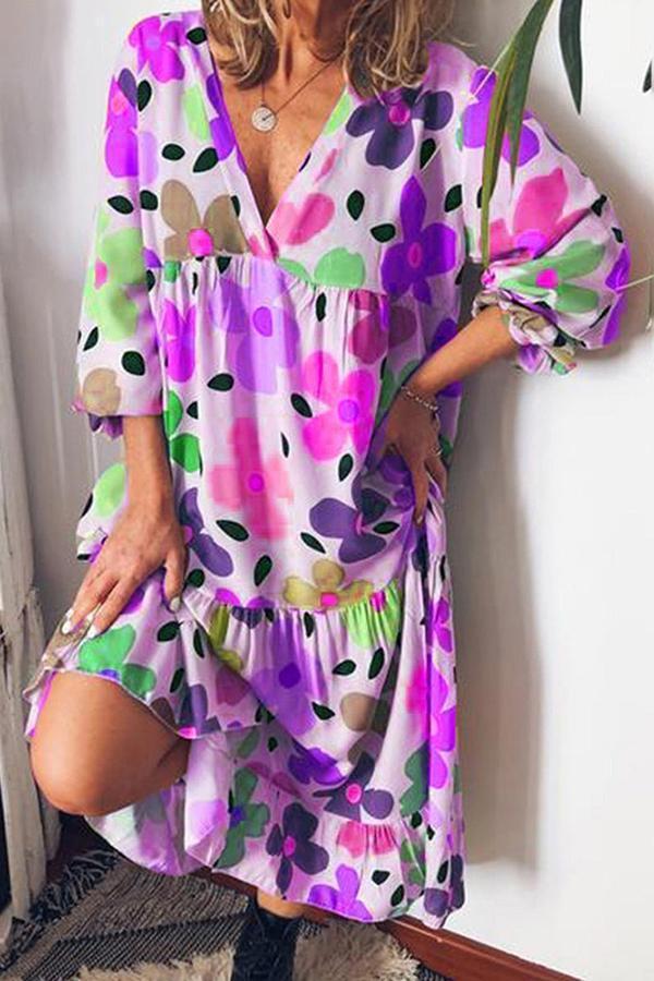 V-neck Flower Printed Loose Dress