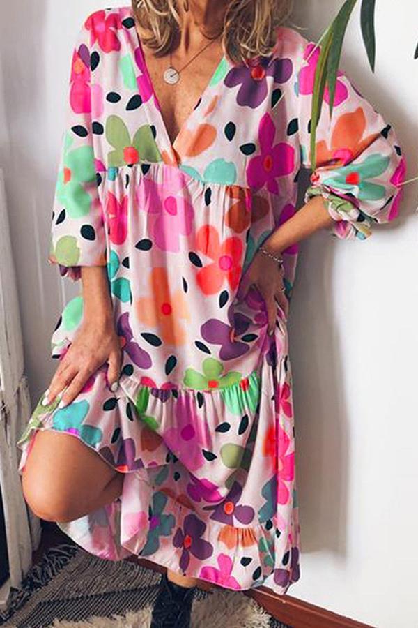 V-neck Flower Printed Loose Dress