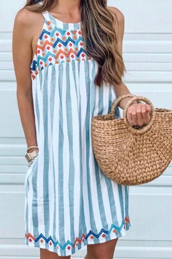 Striped Printed Sleeveless Casual Dress