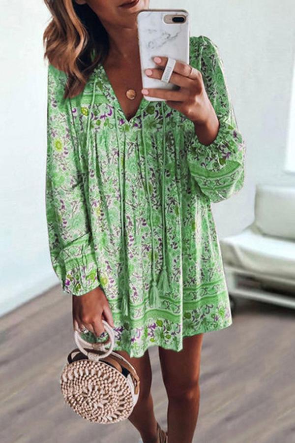 Long Sleeve Tasseled Floral Dress