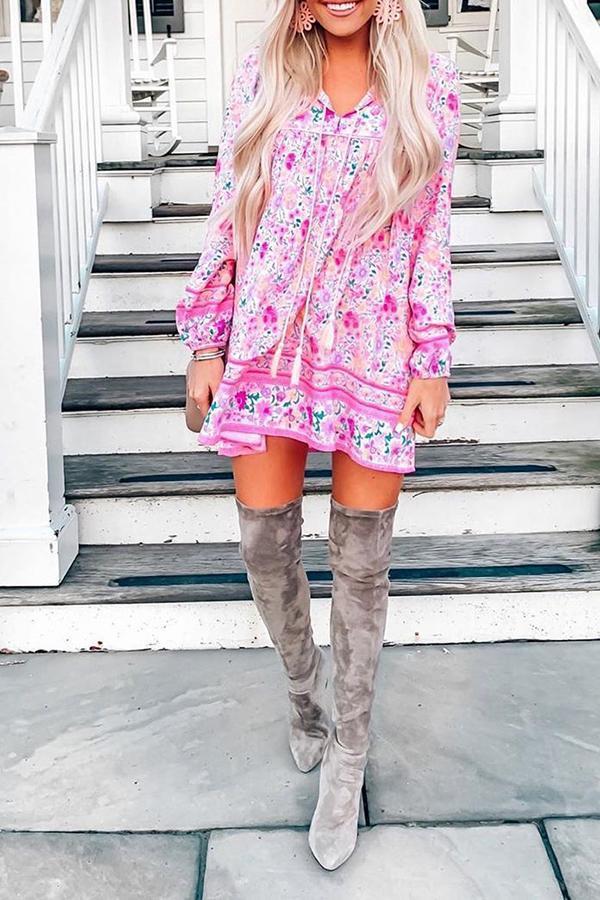 Long Sleeve Tasseled Floral Dress