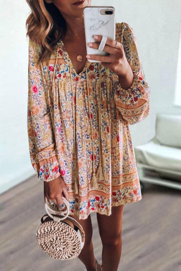 Long Sleeve Tasseled Floral Dress