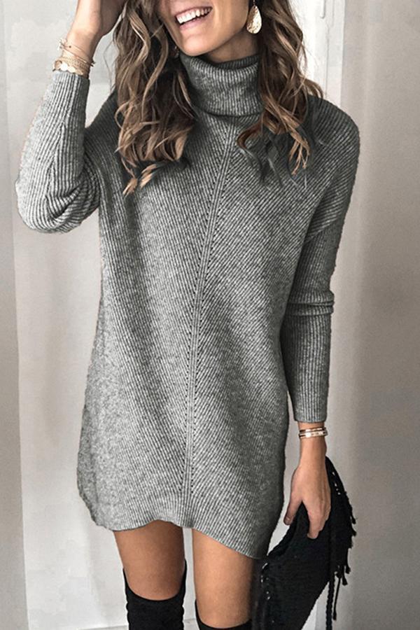 Turtle Neck Solid Color Knitted Dress