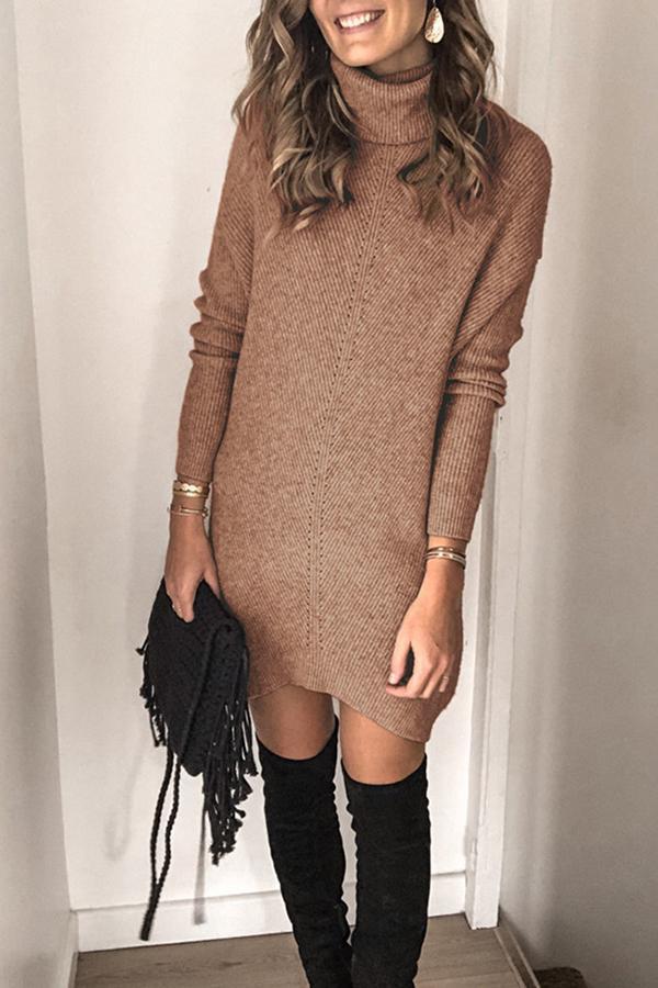 Turtle Neck Solid Color Knitted Dress