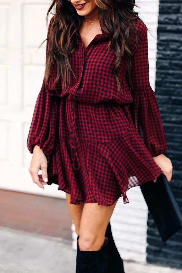 Plaid Lantern Sleeve Dress