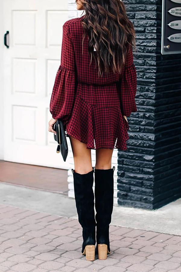 Plaid Lantern Sleeve Dress