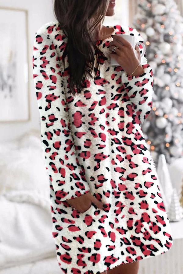 Fluffy Leopard Print Long Sleeve Mini Dress