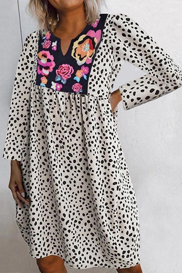 Flower Print Polka Dot Patchwork Dress