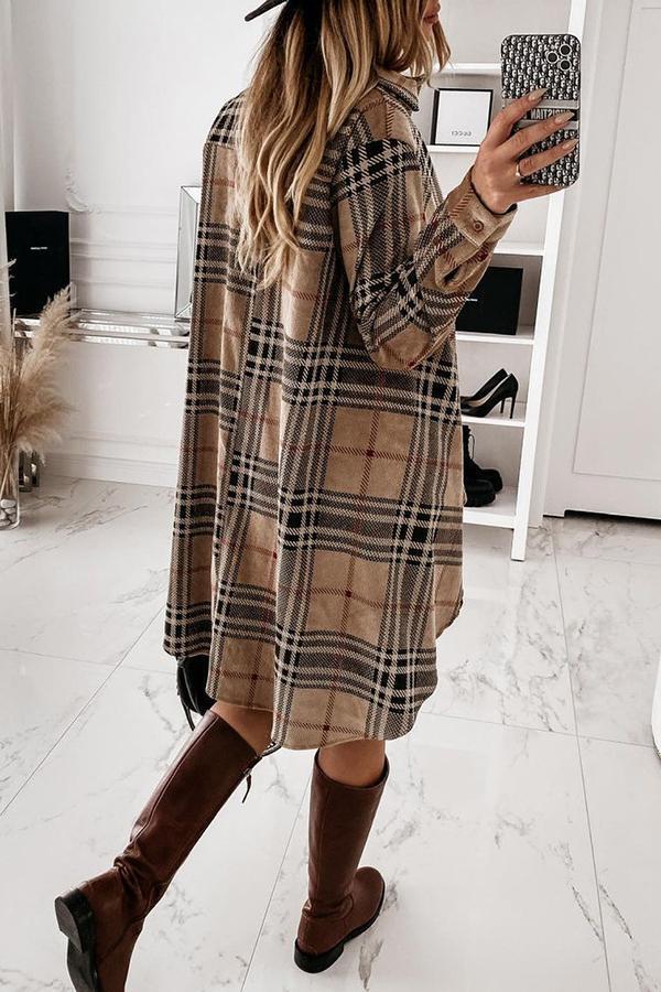 Unusual Tartan Shirt Collar Midi Dress