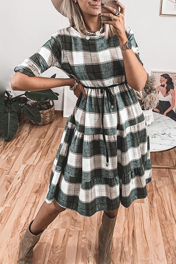 Feminine Tartan Round Neck Midi Dress