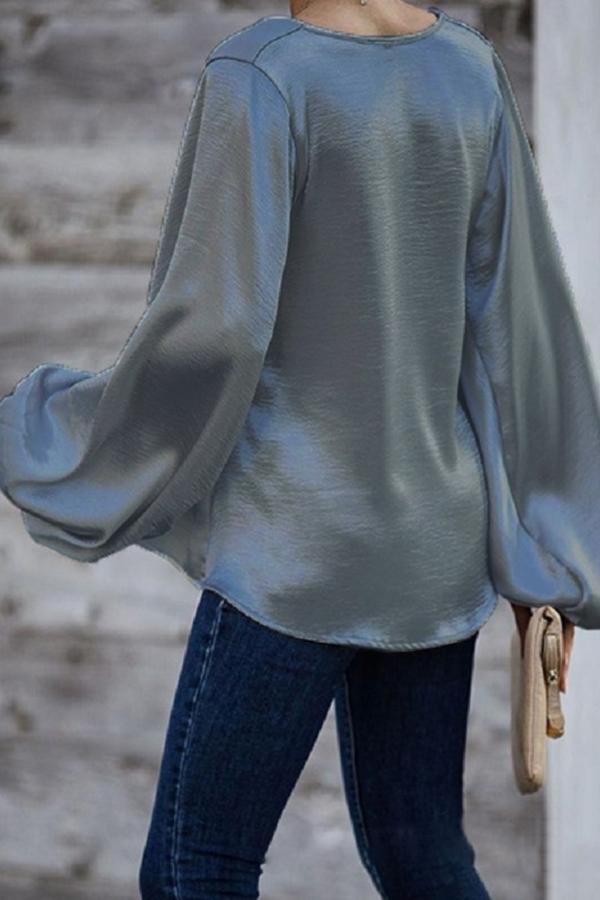 Long-Sleeved Loose V-Neck Solid Color Top