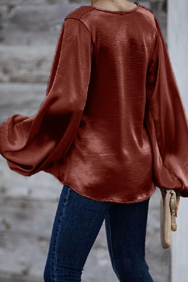 Long-Sleeved Loose V-Neck Solid Color Top