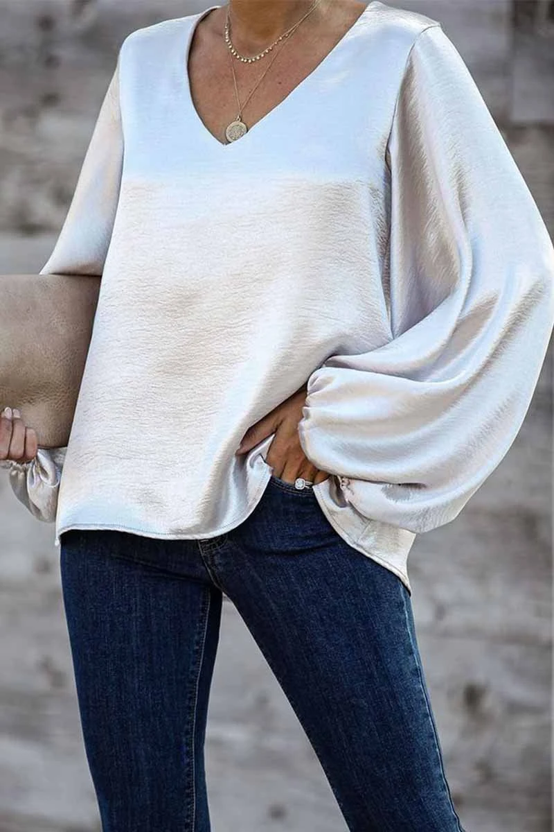 Long-Sleeved Loose V-Neck Solid Color Top