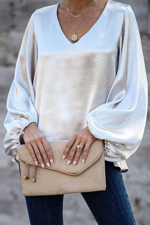 Long-Sleeved Loose V-Neck Solid Color Top