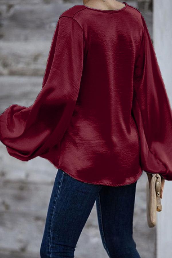 Long-Sleeved Loose V-Neck Solid Color Top