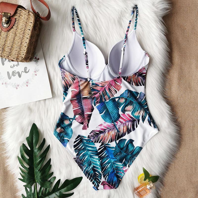 Leaf Print Halter One-piece Swimsuit