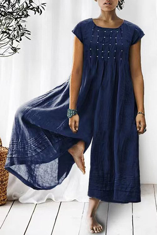 Solid Relaxed Loose Pleated Linen Jumpsuit