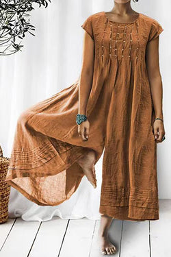 Solid Relaxed Loose Pleated Linen Jumpsuit