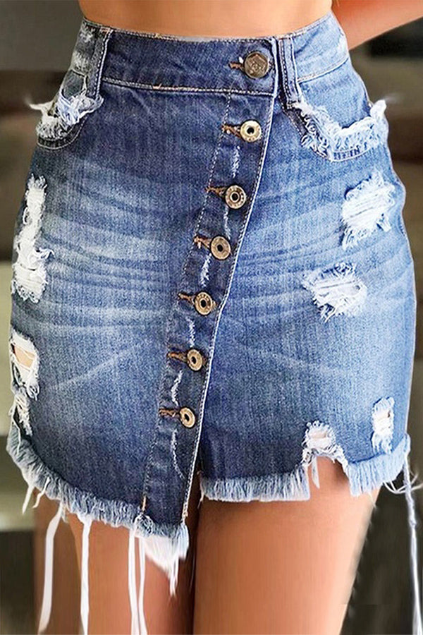 Distressed Button Front Ripped A-Line Denim Short Skirt