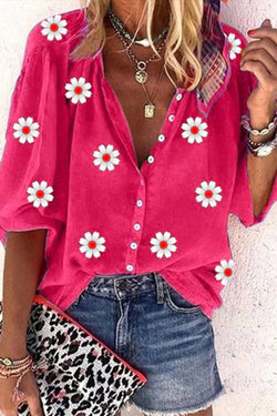 Casual Daisy Loose V neck Three Quarter Blouse