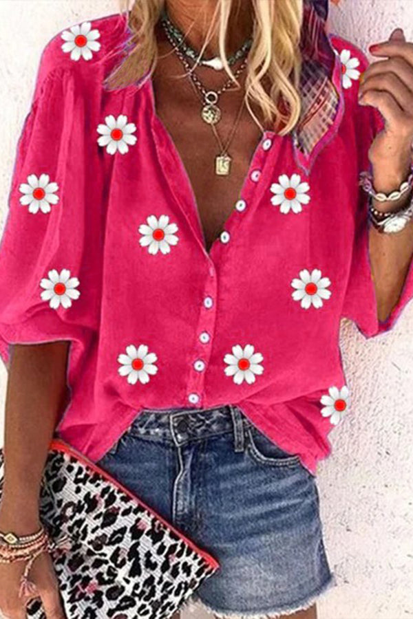 Casual Daisy Loose V neck Three Quarter Blouse