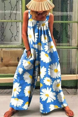 Vintage Print Loose Suspenders Wide-Leg Jumpsuit