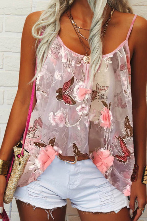 Printed Casual A-Line Butterfly Shirts & Tops - Pink