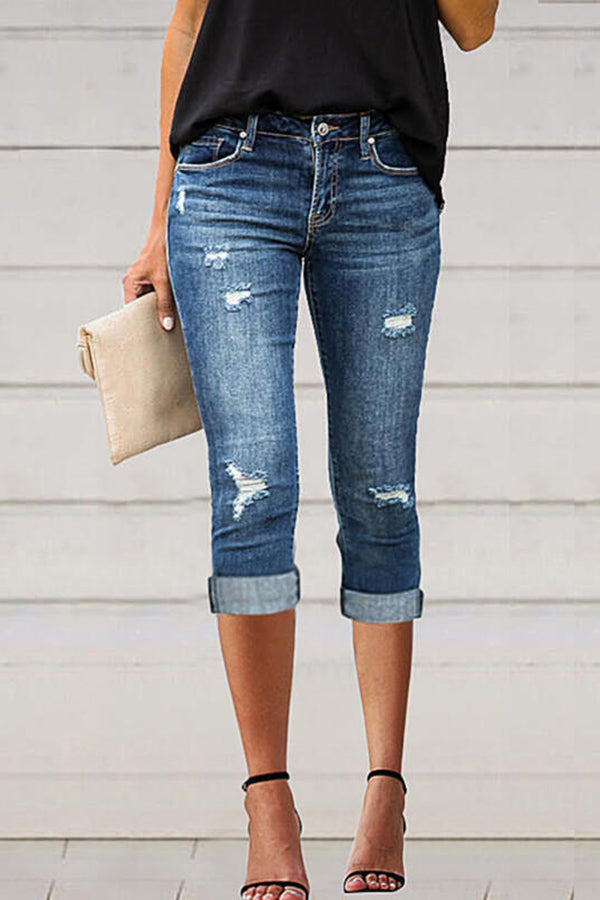 Ripped Low Waist Capris Denim Pants