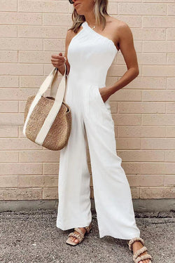 Sexy Simplicity Solid Pocket Oblique Collar Loose Jumpsuits