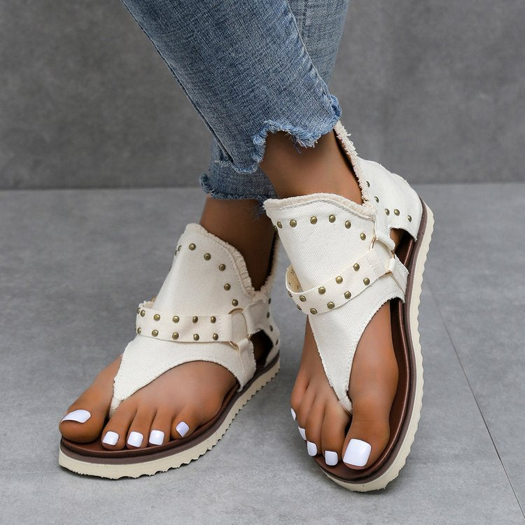 Plain Studded Decor Raw Edge Zipper Thong Sandals